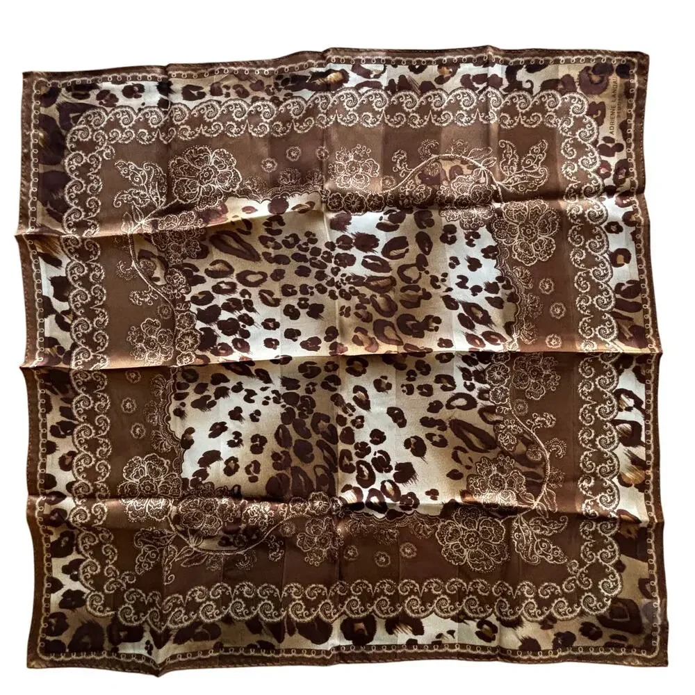 Adrienne Landau silk scarf neckerchief brown tan cream animal print square